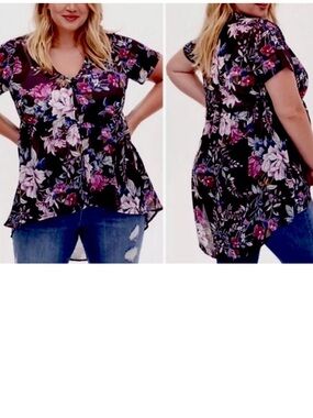 Torrid Top 2 Floral Silky Sheer Babydoll Fairycore Tunic Shirt Blouse Hi Lo Hem